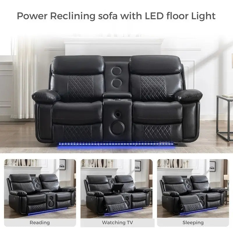 Canapé inclinable électrique avec chargeur sans fil, lampe de lecture, éclairage LED pour salon, revêtement en similicuir, port secteur/USB, porte-gobelet, noir