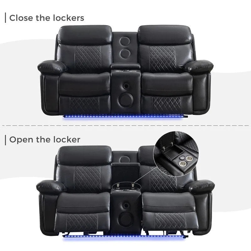 Canapé inclinable électrique avec chargeur sans fil, lampe de lecture, éclairage LED pour salon, revêtement en similicuir, port secteur/USB, porte-gobelet, noir