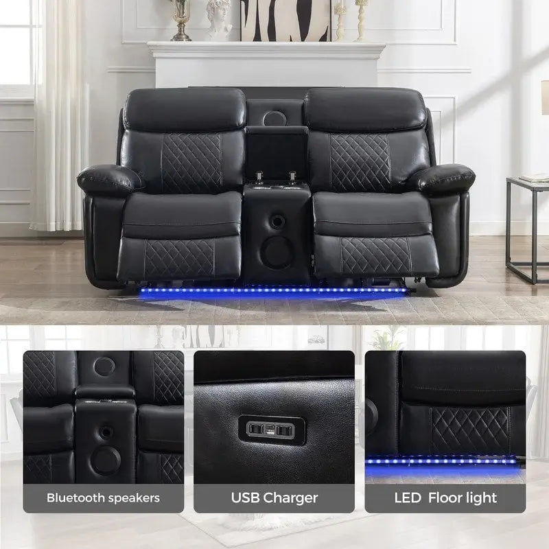 Canapé inclinable électrique avec chargeur sans fil, lampe de lecture, éclairage LED pour salon, revêtement en similicuir, port secteur/USB, porte-gobelet, noir