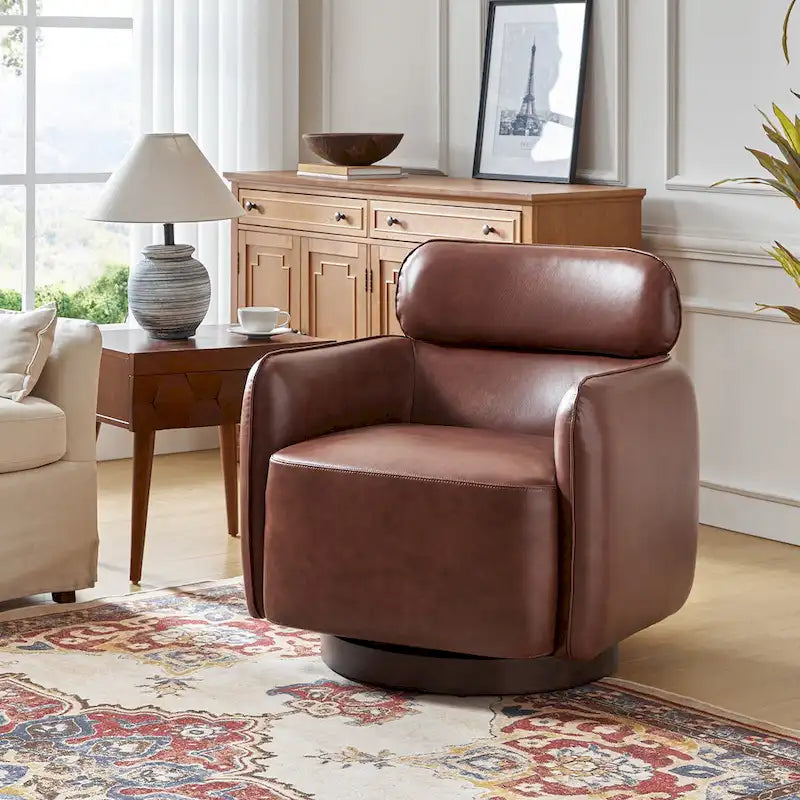 Fauteuil pivotant moderne Raphael en cuir véritable, style tonneau