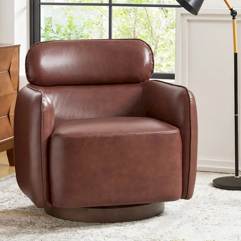Fauteuil pivotant moderne Raphael en cuir véritable, style tonneau