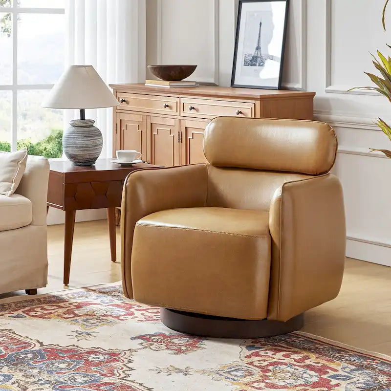 Fauteuil pivotant moderne Raphael en cuir véritable, style tonneau