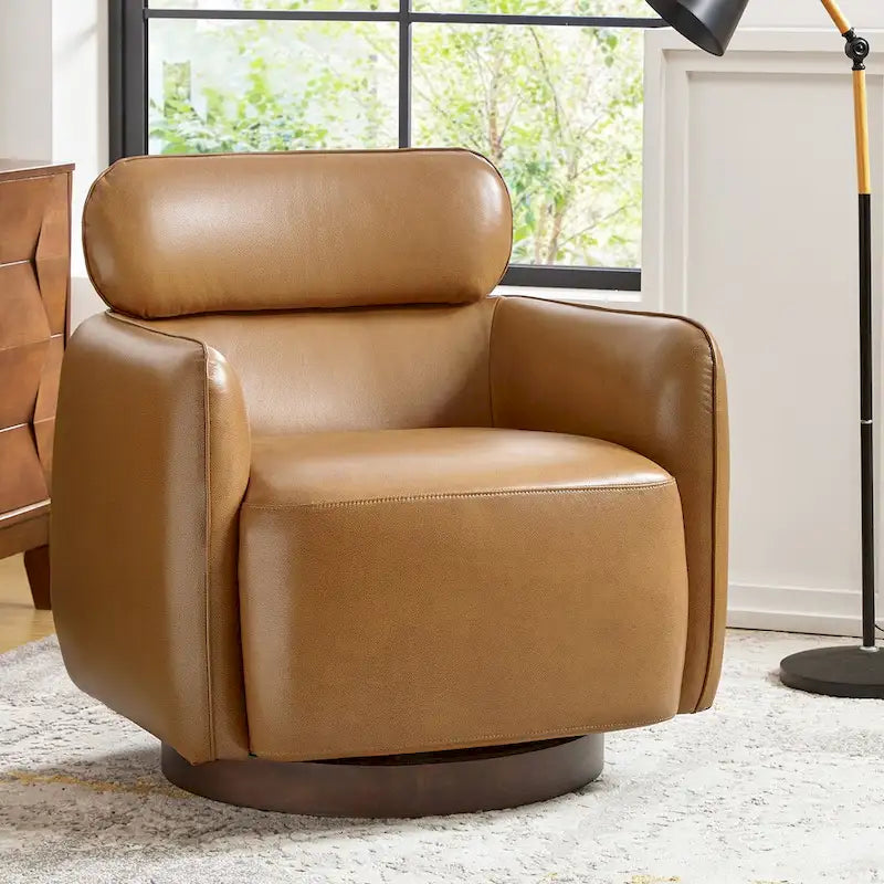 Fauteuil pivotant moderne Raphael en cuir véritable, style tonneau