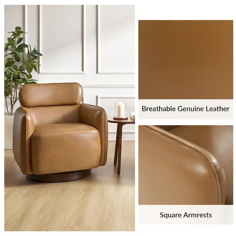 Fauteuil pivotant moderne Raphael en cuir véritable, style tonneau