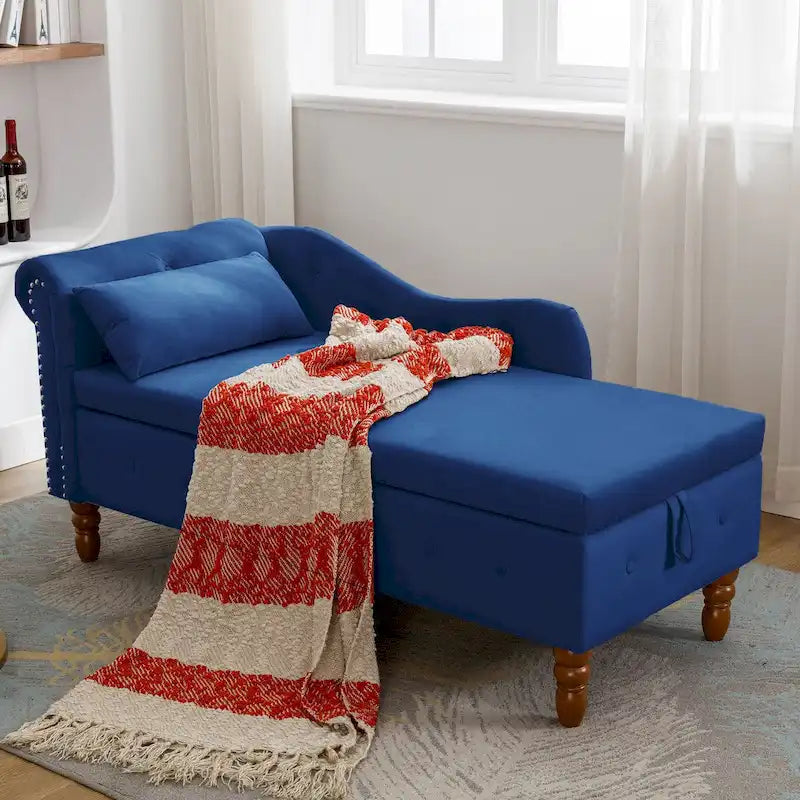 Chaise longue d'intérieur, fauteuil lounge en velours pour chambre à coucher avec rangement et coussin, chaise longue moderne rembourrée à accoudoirs arrondis