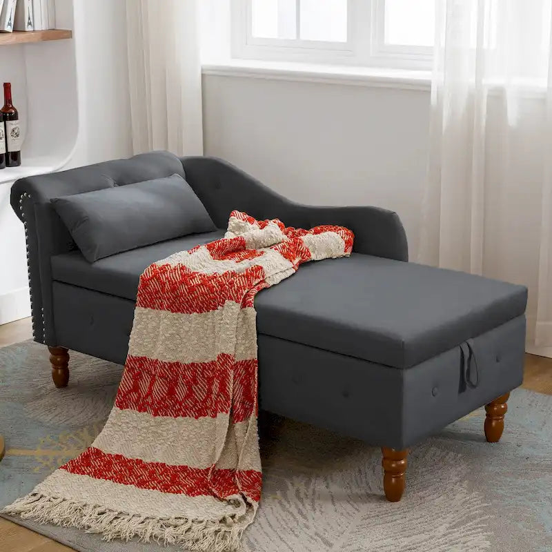 Chaise longue d'intérieur, fauteuil lounge en velours pour chambre à coucher avec rangement et coussin, chaise longue moderne rembourrée à accoudoirs arrondis