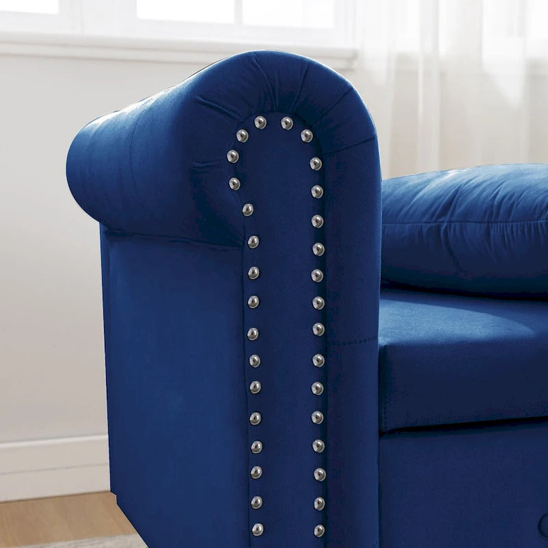 Chaise longue d'intérieur, fauteuil lounge en velours pour chambre à coucher avec rangement et coussin, chaise longue moderne rembourrée à accoudoirs arrondis
