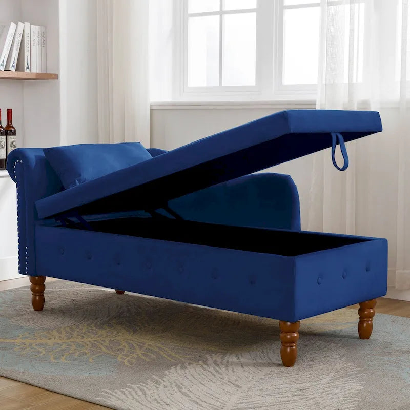 Chaise longue d'intérieur, fauteuil lounge en velours pour chambre à coucher avec rangement et coussin, chaise longue moderne rembourrée à accoudoirs arrondis