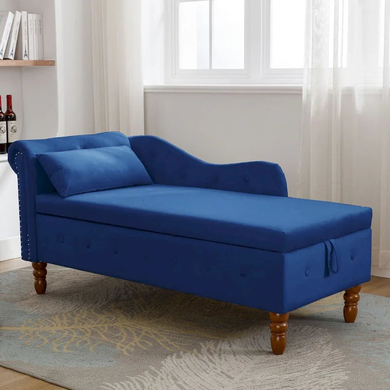 Chaise longue d'intérieur, fauteuil lounge en velours pour chambre à coucher avec rangement et coussin, chaise longue moderne rembourrée à accoudoirs arrondis