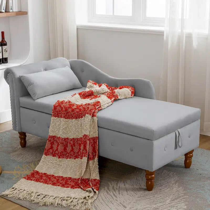 Chaise longue d'intérieur, fauteuil lounge en velours pour chambre à coucher avec rangement et coussin, chaise longue moderne rembourrée à accoudoirs arrondis