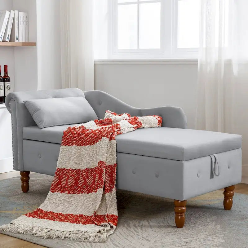 Chaise longue d'intérieur, fauteuil lounge en velours pour chambre à coucher avec rangement et coussin, chaise longue moderne rembourrée à accoudoirs arrondis