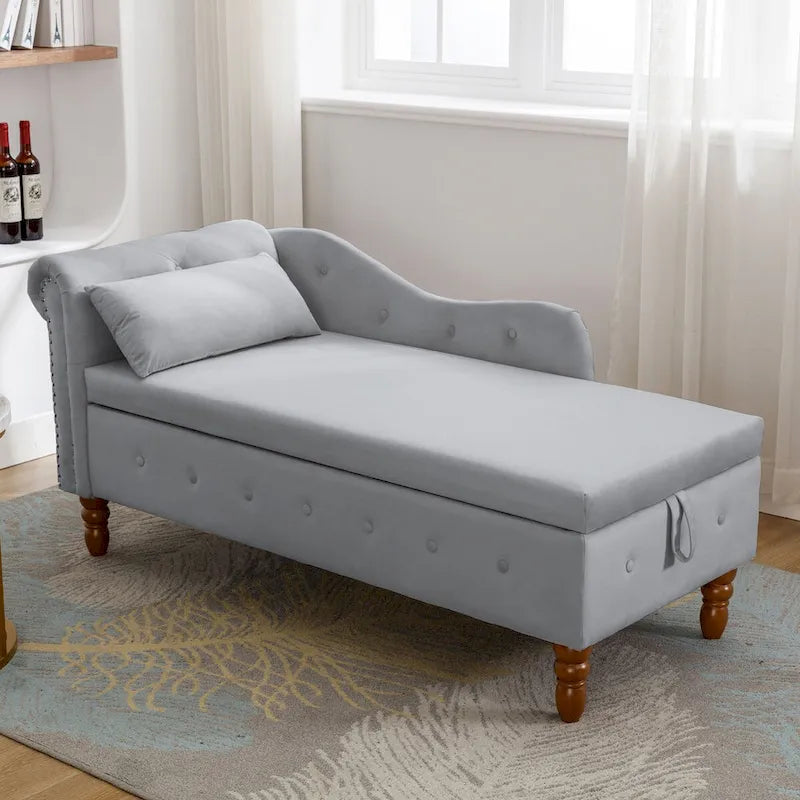 Chaise longue d'intérieur, fauteuil lounge en velours pour chambre à coucher avec rangement et coussin, chaise longue moderne rembourrée à accoudoirs arrondis