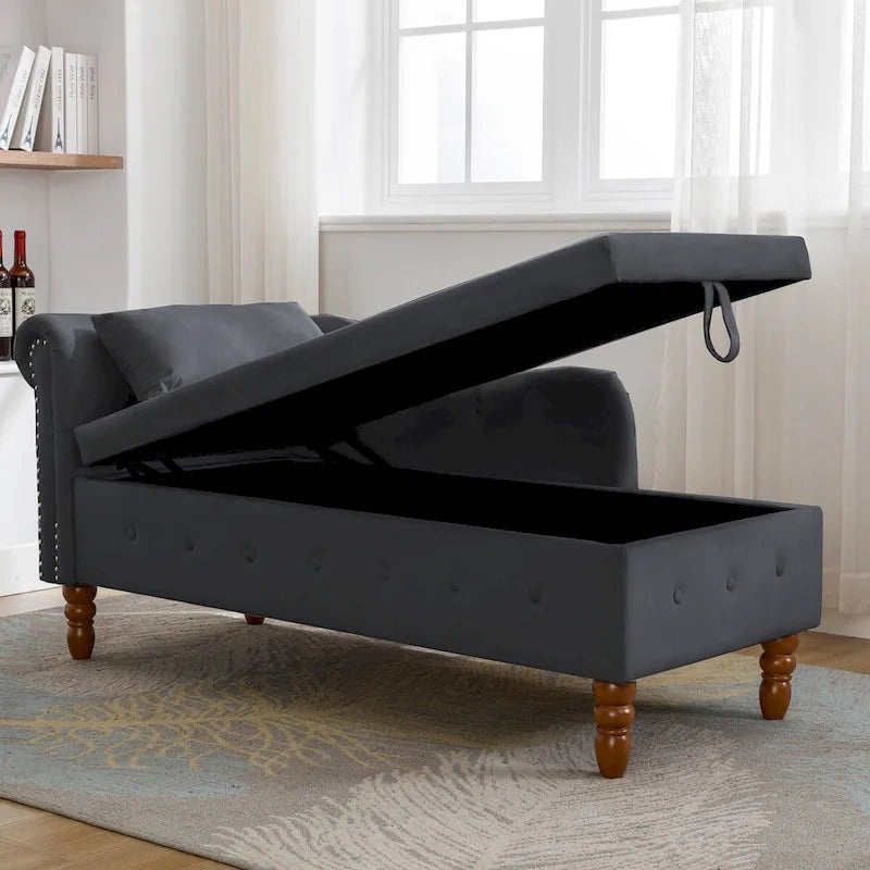 Chaise longue d'intérieur, fauteuil lounge en velours pour chambre à coucher avec rangement et coussin, chaise longue moderne rembourrée à accoudoirs arrondis