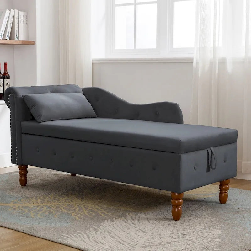 Chaise longue d'intérieur, fauteuil lounge en velours pour chambre à coucher avec rangement et coussin, chaise longue moderne rembourrée à accoudoirs arrondis
