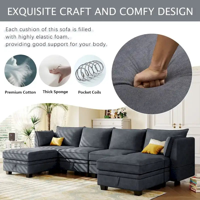 Canapé d'angle modulaire moderne en forme de U, convertible en lit avec méridienne réversible pour salon, avec assise de rangement