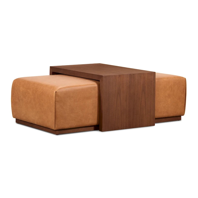Pouf Jarmo de Poly &amp; Bark avec table réglable en noyer - Cuir italien pleine fleur véritable
