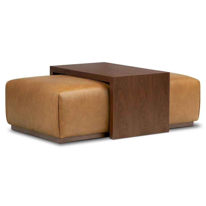 Pouf Jarmo de Poly &amp; Bark avec table réglable en noyer - Cuir italien pleine fleur véritable