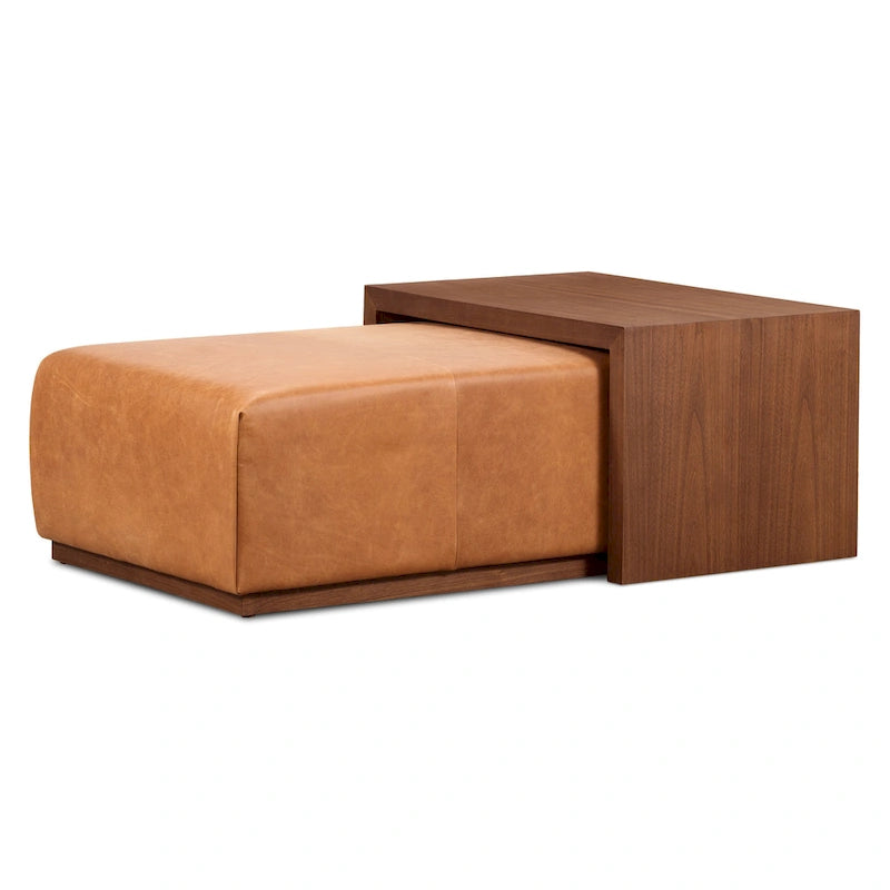 Pouf Jarmo de Poly &amp; Bark avec table réglable en noyer - Cuir italien pleine fleur véritable