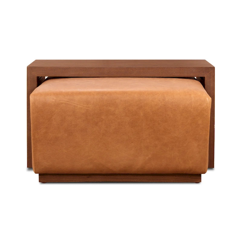 Pouf Jarmo de Poly &amp; Bark avec table réglable en noyer - Cuir italien pleine fleur véritable