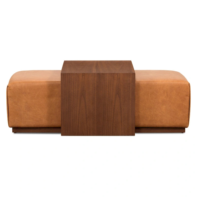 Pouf Jarmo de Poly &amp; Bark avec table réglable en noyer - Cuir italien pleine fleur véritable