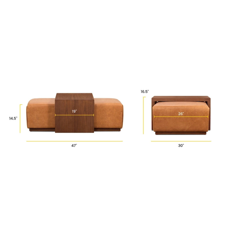 Pouf Jarmo de Poly &amp; Bark avec table réglable en noyer - Cuir italien pleine fleur véritable
