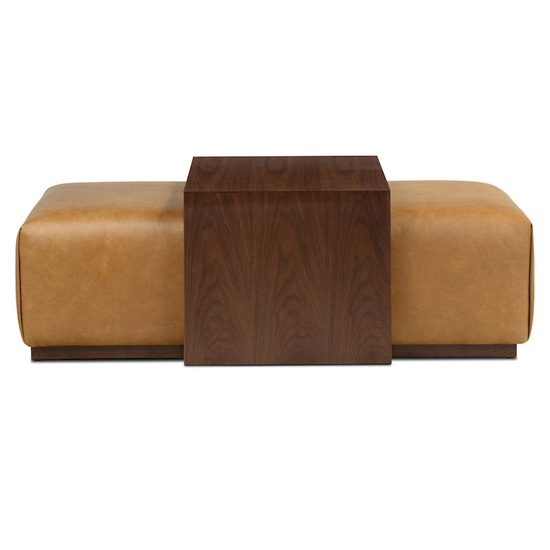 Pouf Jarmo de Poly &amp; Bark avec table réglable en noyer - Cuir italien pleine fleur véritable