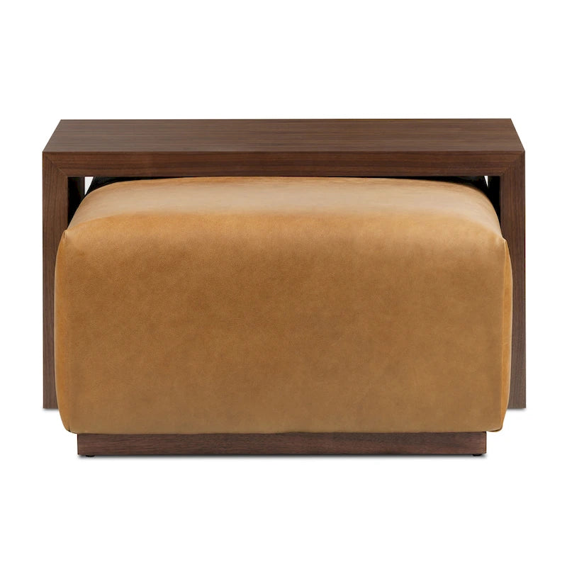 Pouf Jarmo de Poly &amp; Bark avec table réglable en noyer - Cuir italien pleine fleur véritable