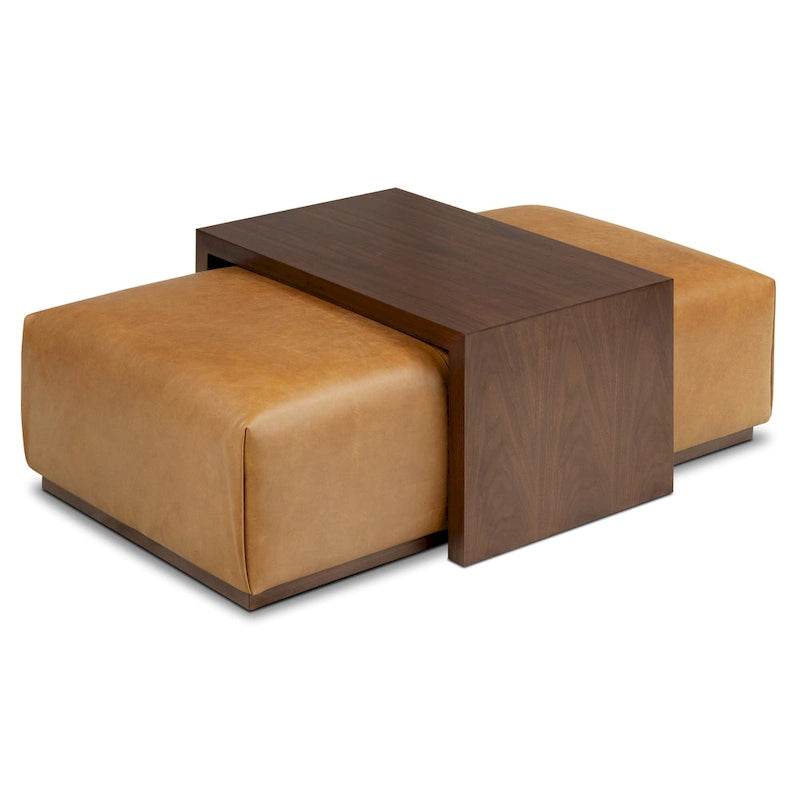 Pouf Jarmo de Poly &amp; Bark avec table réglable en noyer - Cuir italien pleine fleur véritable
