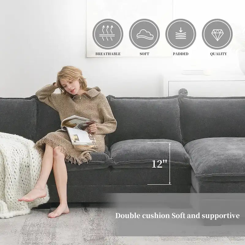 Canapé d'angle en chenille Cloud 118 x 55 cm avec coussins d'assise doubles, canapé-lit 5 places avec méridienne