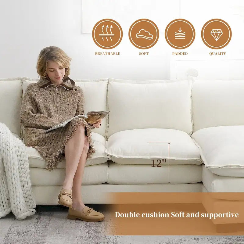 Canapé d'angle en chenille Cloud 118 x 55 cm avec coussins d'assise doubles, canapé-lit 5 places avec méridienne