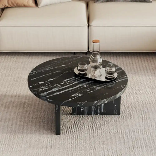 Table basse ronde en MDF blanc à motifs, idéale pour les petits espaces et les salons.