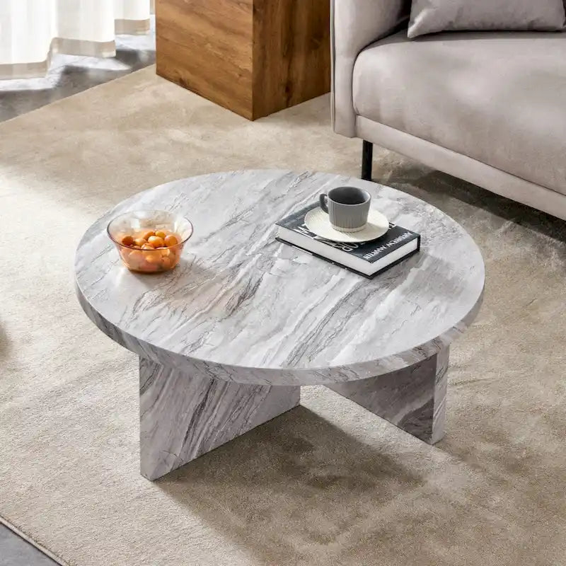 Table basse ronde en MDF blanc à motifs, idéale pour les petits espaces et les salons.