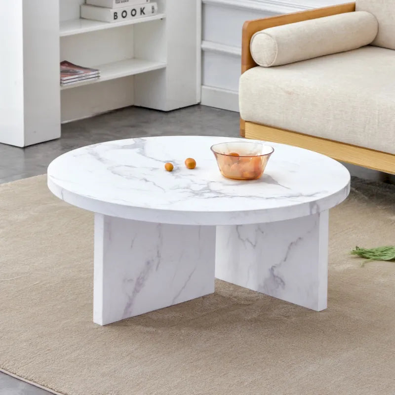 Table basse ronde en MDF blanc à motifs, idéale pour les petits espaces et les salons.