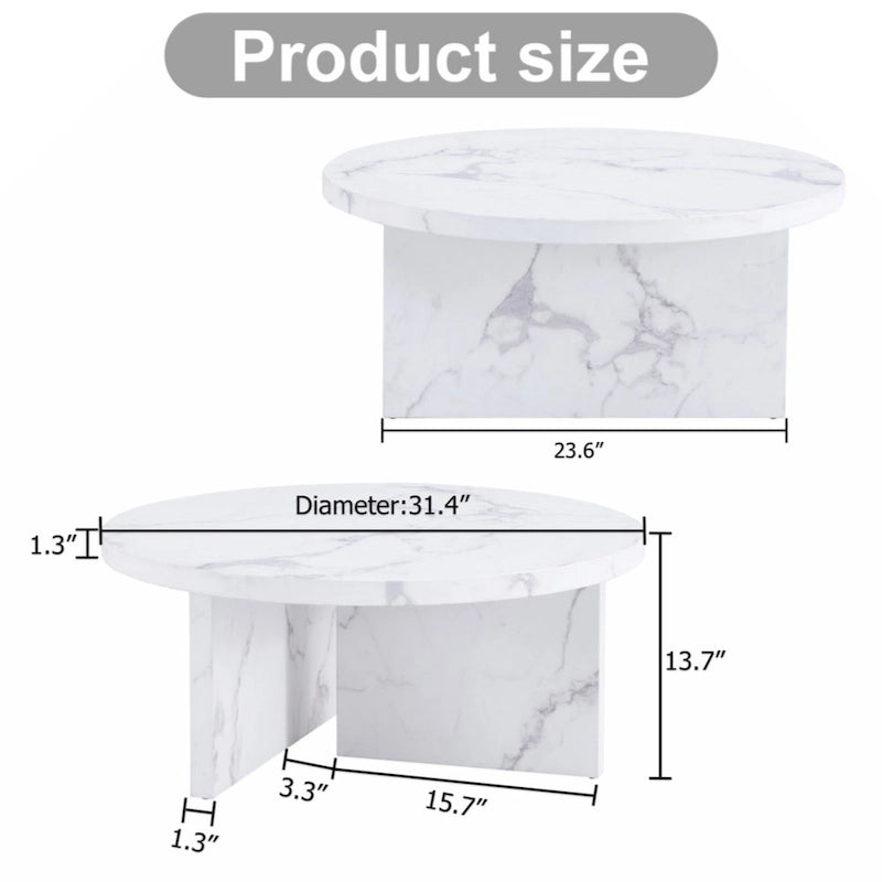 Table basse ronde en MDF blanc à motifs, idéale pour les petits espaces et les salons.