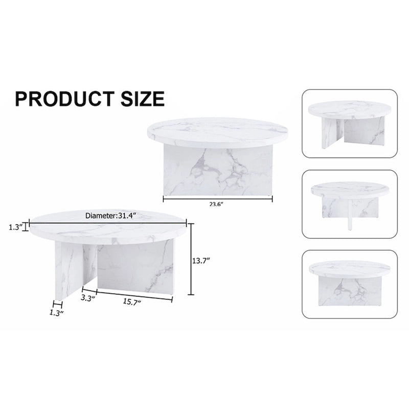 Table basse ronde en MDF blanc à motifs, idéale pour les petits espaces et les salons.