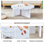 Table basse ronde en MDF blanc à motifs, idéale pour les petits espaces et les salons.