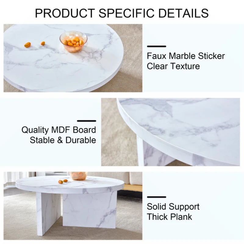 Table basse ronde en MDF blanc à motifs, idéale pour les petits espaces et les salons.