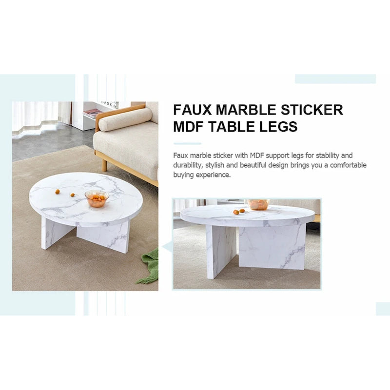 Table basse ronde en MDF blanc à motifs, idéale pour les petits espaces et les salons.