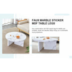 Table basse ronde en MDF blanc à motifs, idéale pour les petits espaces et les salons.