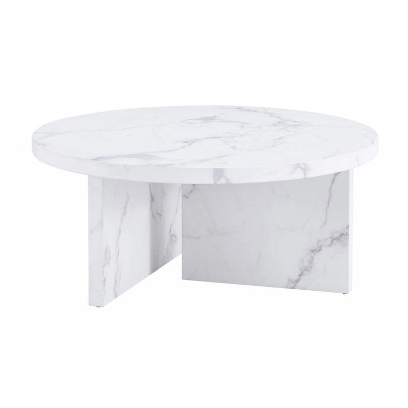 Table basse ronde en MDF blanc à motifs, idéale pour les petits espaces et les salons.