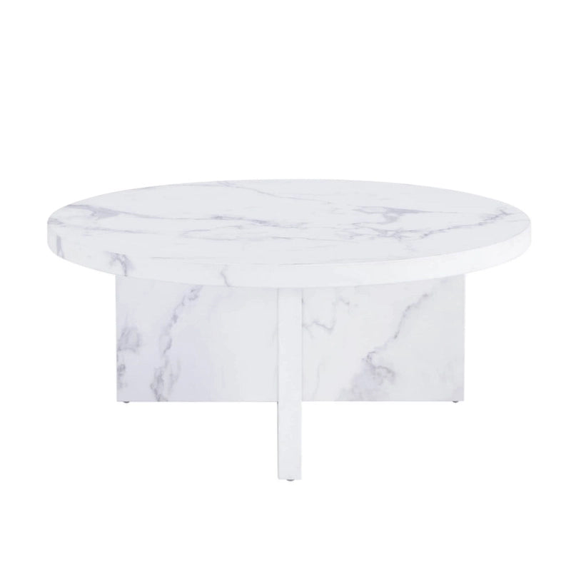 Table basse ronde en MDF blanc à motifs, idéale pour les petits espaces et les salons.