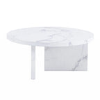 Table basse ronde en MDF blanc à motifs, idéale pour les petits espaces et les salons.