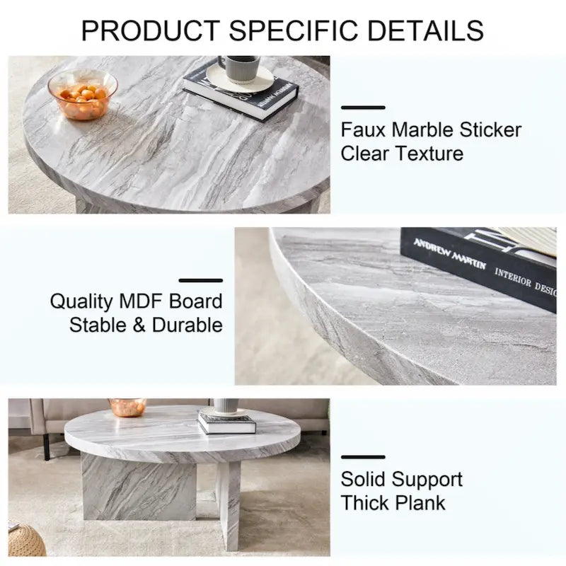 Table basse ronde en MDF blanc à motifs, idéale pour les petits espaces et les salons.