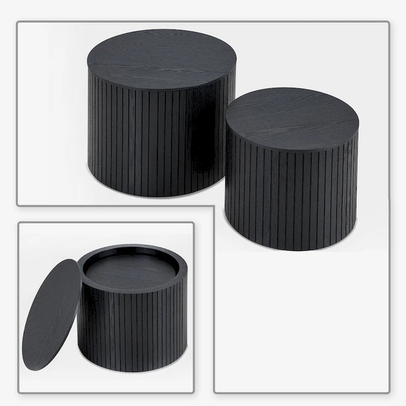 Ensemble de deux tables basses gigognes modernes et élégantes en forme de tonneau avec plateau amovible