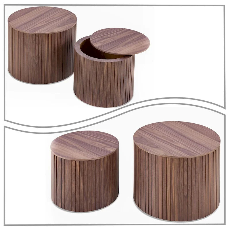 Ensemble de deux tables basses gigognes modernes et élégantes en forme de tonneau avec plateau amovible