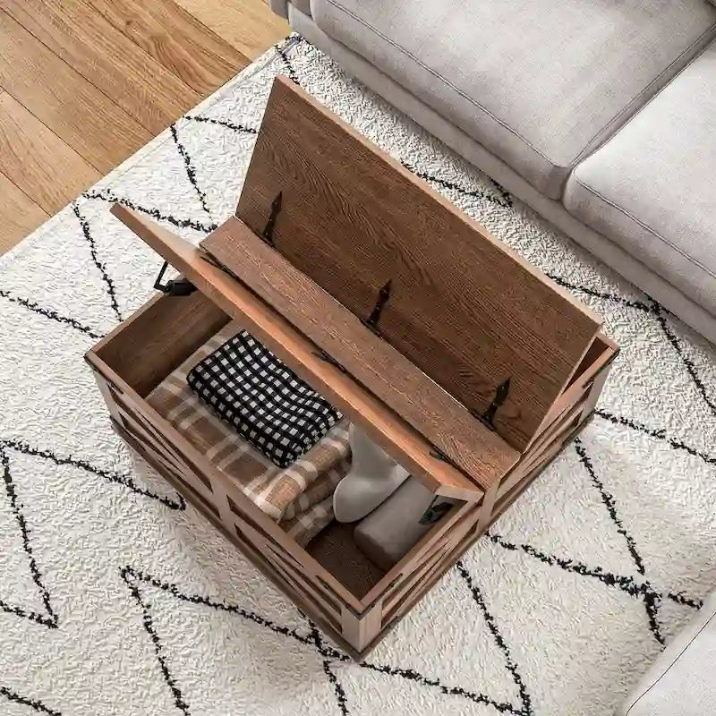 Table basse carrée HOMCOM style ferme avec rangement, plateau relevable à charnières et espace caché