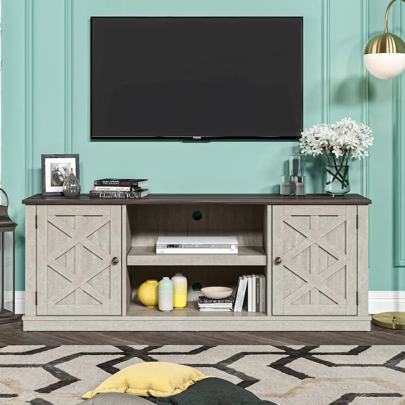 Meuble TV de bureau en bois foncé vieilli, 162,5 cm (64 po) de large, pour téléviseurs jusqu'à 178 cm (70 po) de diagonale.