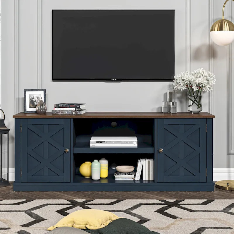 Meuble TV de bureau en bois foncé vieilli, 162,5 cm (64 po) de large, pour téléviseurs jusqu'à 178 cm (70 po) de diagonale.