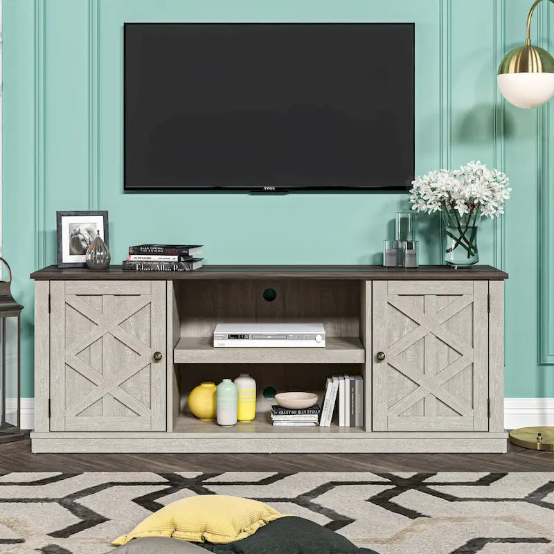 64 in. With Dark Drift Wood Desktop TV Stand for TVs up to 70 in. - 64 inches in width