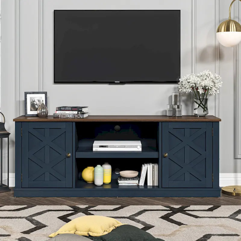 Meuble TV de bureau en bois foncé vieilli, 162,5 cm (64 po) de large, pour téléviseurs jusqu'à 178 cm (70 po) de diagonale.